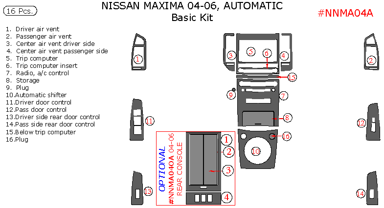 Nissan Maxima 2004, 2005, 2006, Automatic, Basic Interior Kit, 16 Pcs. dash trim kits options