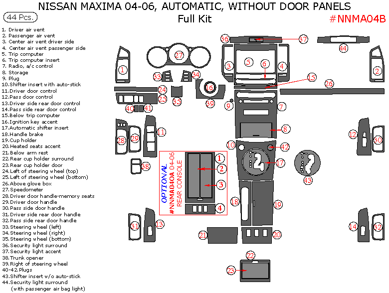 Nissan Maxima 2004, 2005, 2006, Automatic, Full Interior Kit, Without Door Panels, 44 Pcs. dash trim kits options