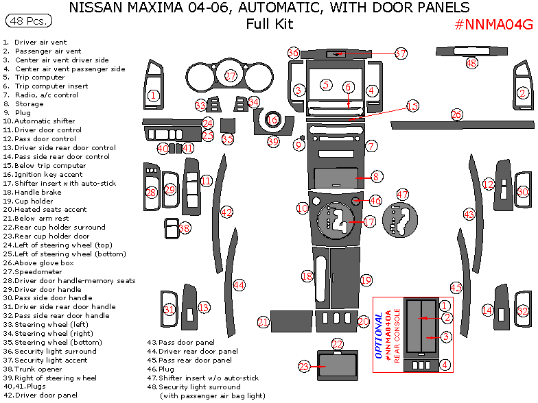 Nissan Maxima 2004, 2005, 2006, Automatic, Full Interior Kit, With Door Panels, 48 Pcs. dash trim kits options