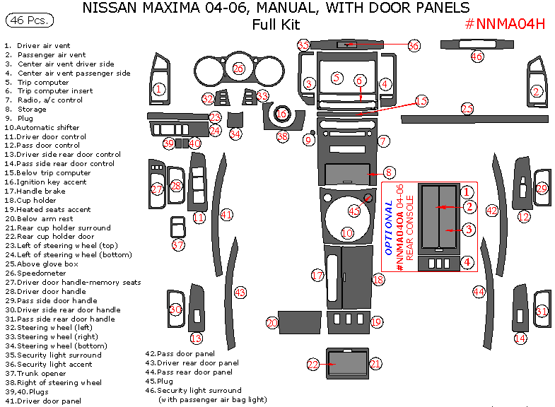 Nissan Maxima 2004, 2005, 2006, Manual, Full Interior Kit, With Door Panels, 46 Pcs. dash trim kits options