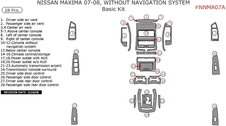 Nissan Maxima 2007-2008, W/o Navigation System, Basic Interior Kit, 28 Pcs. dash trim kits options