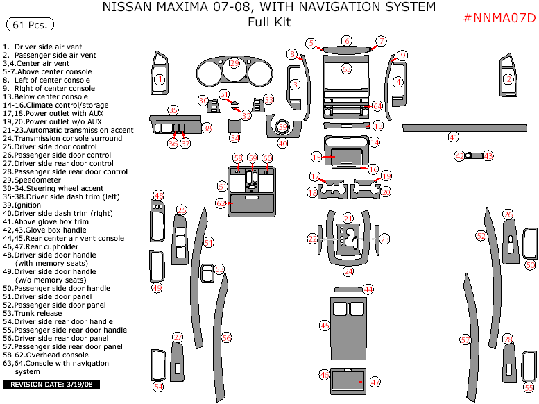 Nissan Maxima 2007-2008, With Navigation System, Full Interior Kit, 61 Pcs. dash trim kits options