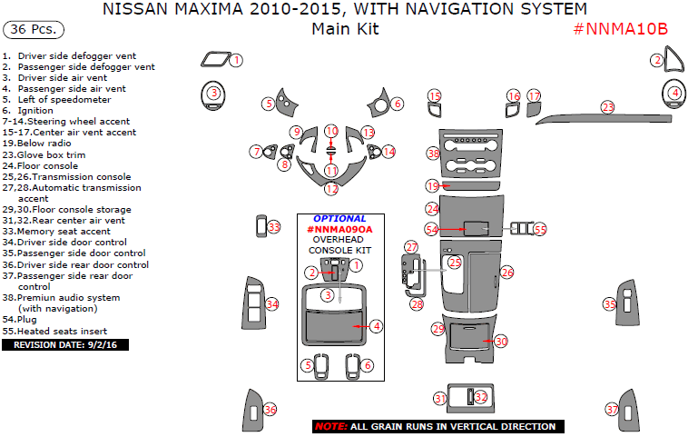 Nissan Maxima 2010, 2011, 2012, 2013, 2014, 2015, With Navigation System, Main Interior Kit, 36 Pcs. dash trim kits options