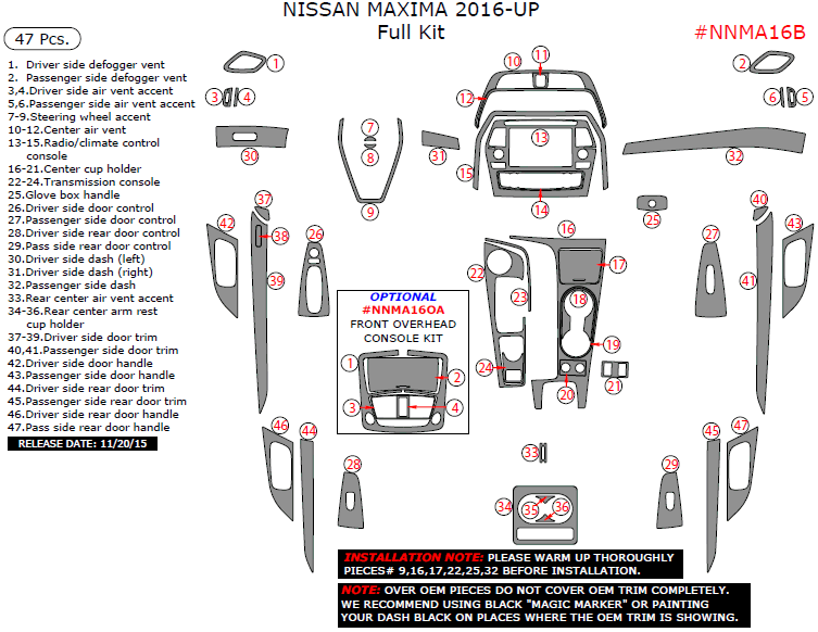 Nissan Maxima 2016, 2017, Full Interior Kit, 47 Pcs. dash trim kits options