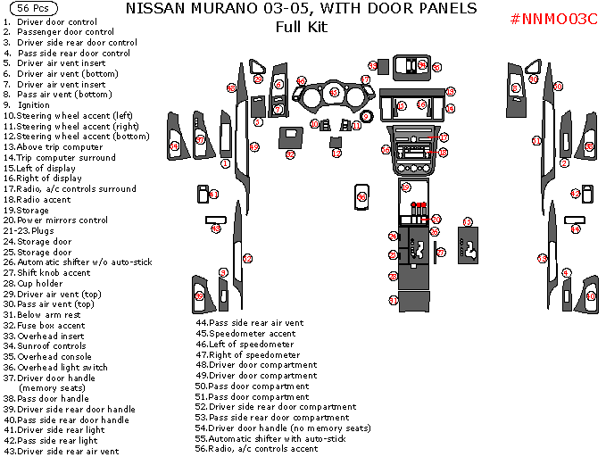 Nissan Murano 2003, 2004, 2005, Full Interior Kit, With Door Panels 55 Pcs. dash trim kits options