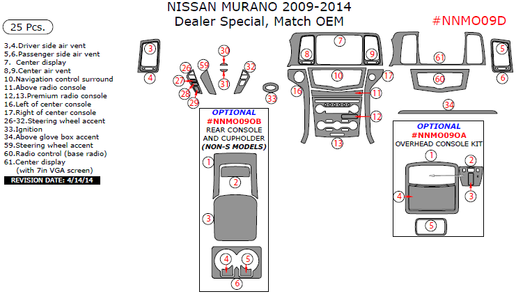 Nissan Murano 2009, 2010, 2011, 2012, 2013, 2014, Interior Dash Kit, Dealer Special, 25 Pcs., Match OEM dash trim kits options