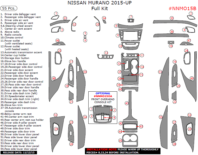 Nissan Murano 2015, 2016, 2017, Full Interior Kit, 55 Pcs. dash trim kits options