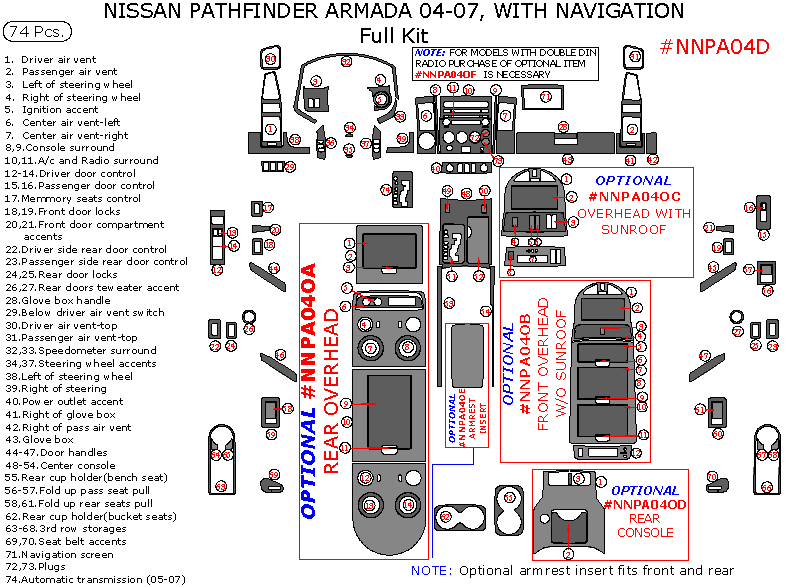 Nissan Armada 2004, 2005, 2006, 2007, With Navigation, Full Interior Kit, 74 Pcs. dash trim kits options