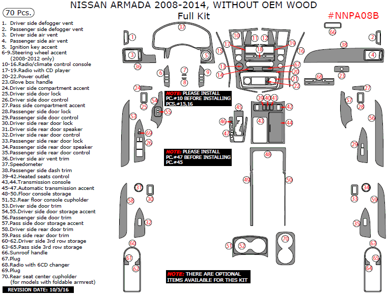 Nissan Armada 2008, 2009, 2010, 2011, 2012, 2013, 2014, Without OEM Wood, Full Interior Kit, 70 Pcs. dash trim kits options