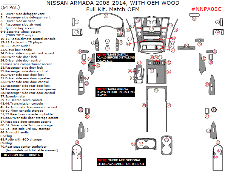 Nissan Armada 2008, 2009, 2010, 2011, 2012, 2013, 2014, With OEM Wood, Full Interior Kit, 64 Pcs., Match OEM dash trim kits options