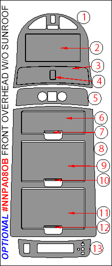 Nissan Armada 2008, 2009, 2010, 2011, 2012, 2013, 2014, Interior Dash Kit, Optional Front Overhead W/o Sunroof, 13 Pcs. dash trim kits options