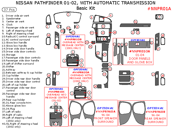 Nissan Pathfinder 2001-2002, With Automatic Transmission, Basic Interior Kit, 37 Pcs. dash trim kits options