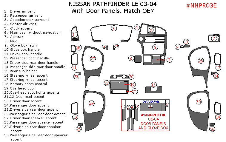 Nissan Pathfinder 2003-2004, Interior Dash Kit, LE, With Door Panels, 30 Pcs., OEM Match. dash trim kits options