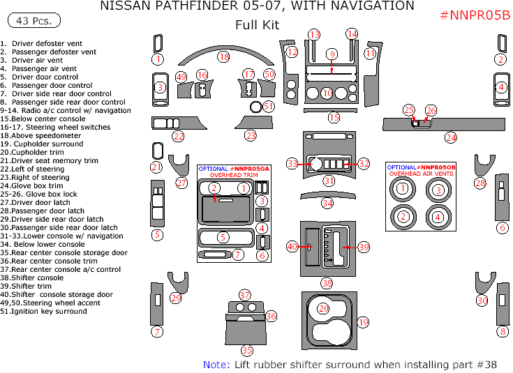 Nissan Pathfinder 2005, 2006, 2007, With Navigation System, Full Interior Kit, 43 Pcs. dash trim kits options