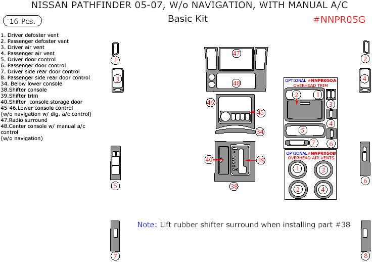 Nissan Pathfinder 2005, 2006, 2007, W/o Navigation System, With Manual A/C, Basic Interior Kit, 16 Pcs. dash trim kits options