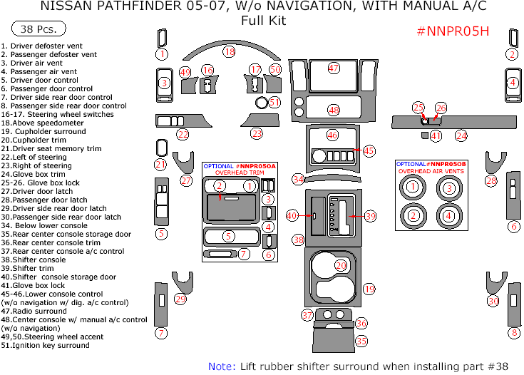 Nissan Pathfinder 2005, 2006, 2007, W/o Navigation System, With Manual A/C, Full Interior Kit, 38 Pcs. dash trim kits options