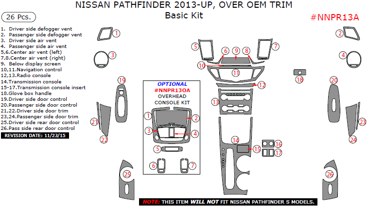 Nissan Pathfinder 2013, 2014, 2015, 2016, Over OEM Trim, Basic Interior Kit, 26 Pcs. dash trim kits options