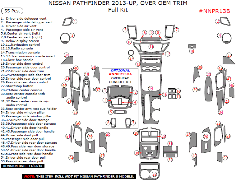 Nissan Pathfinder 2013, 2014, 2015, 2016, Over OEM Trim, Full Interior Kit, 55 Pcs. dash trim kits options