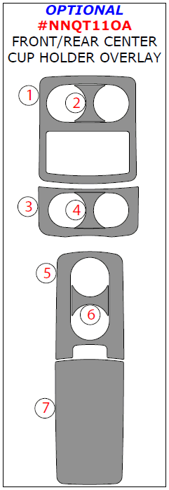 Nissan Quest 2011, 2012, 2013, 2014, 2015, 2016, Interior Dash Kit, Optional Front/Rear Cup Holder Console Overlay, 7 Pcs. dash trim kits options