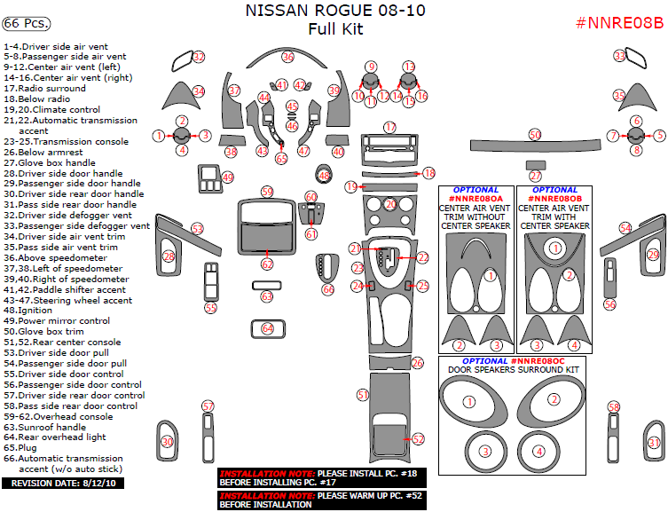 Nissan Rogue 2008, 2009, 2010, Full Interior Kit, 66 Pcs. dash trim kits options
