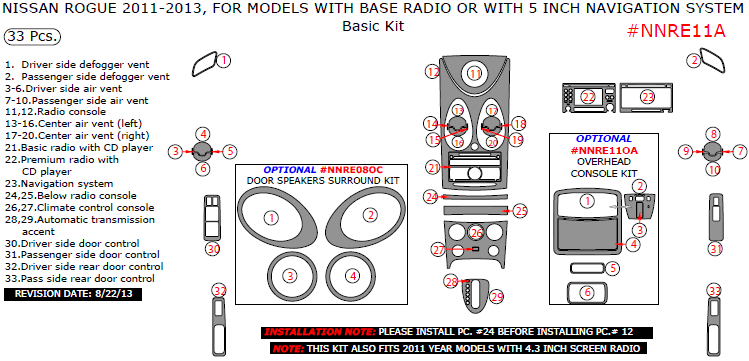 Nissan Rogue 2011, 2012, 2013, For Models With Base Radio Or With 5 Inch Navigation System, Basic Interior Kit, 33 Pcs. dash trim kits options
