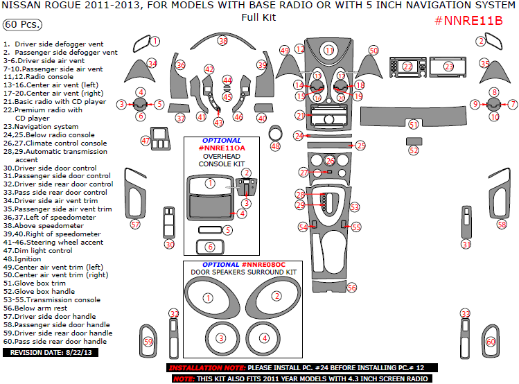 Nissan Rogue 2011, 2012, 2013, For Models With Base Radio Or With 5 Inch Navigation System, Full Interior Kit, 60 Pcs. dash trim kits options