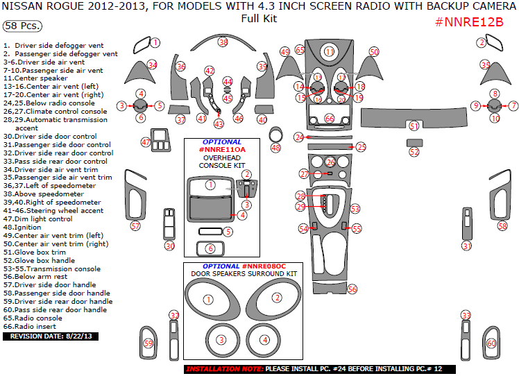 Nissan Rogue 2012-2013, For Models With 4.3 Inch Screen Radio With Backup Camera, Full Interior Kit, 58 Pcs. dash trim kits options