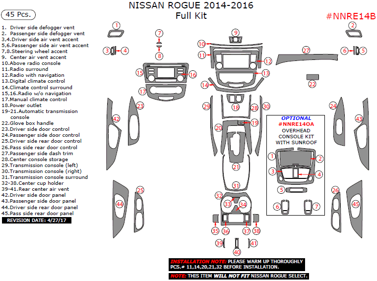Nissan Rogue 2014, 2015, 2016, Full Interior Kit, 45 Pcs. dash trim kits options