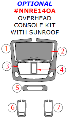 Nissan Rogue 2014, 2015, 2016, Optional Overhead Console Interior Kit With Sunroof, 7 Pcs. dash trim kits options