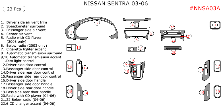 Nissan Sentra 2003, 2004, 2005, 2006, Interior Dash Kit, 23 Pcs dash trim kits options