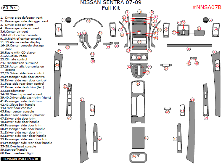 Nissan Sentra 2007, 2008, 2009, Nissan Sentra, Full Interior Kit, 60 Pcs. dash trim kits options