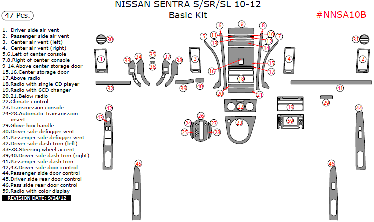 Nissan Sentra 2010, 2011, 2012, Basic Interior Kit (S/SR/SL Only), 47 Pcs. dash trim kits options