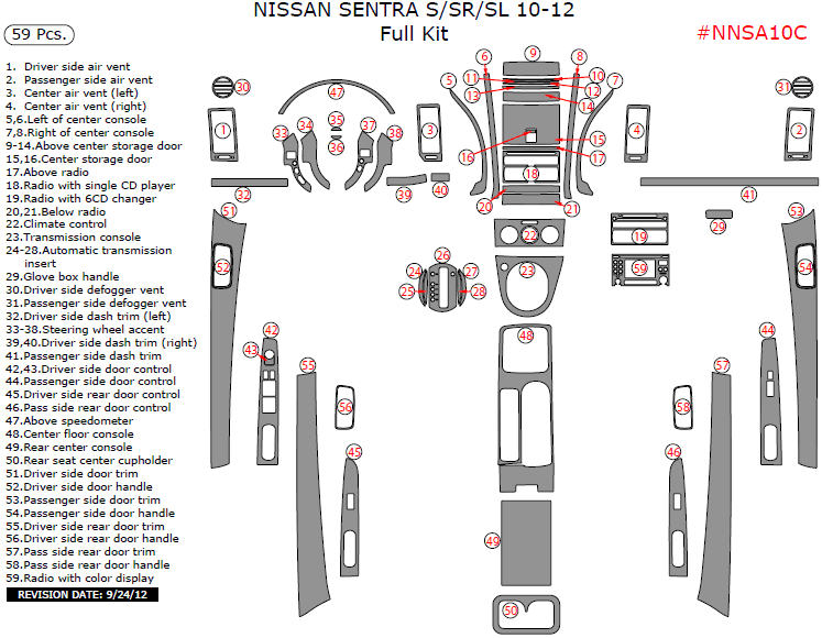 Nissan Sentra 2010, 2011, 2012, Full Interior Kit (S/SR/SL Only), 59 Pcs. dash trim kits options