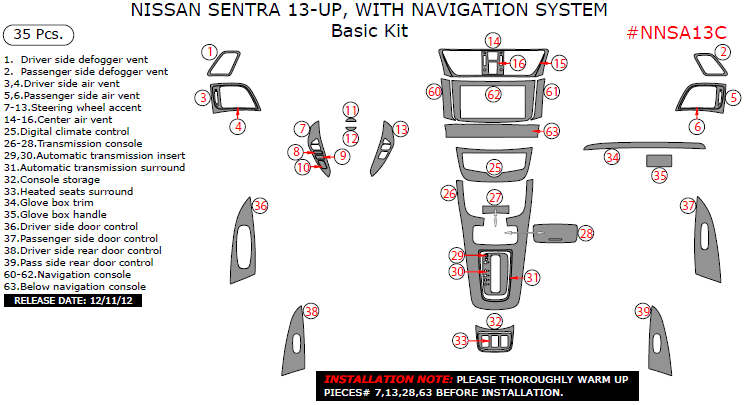 Nissan Sentra 2013, 2014, 2015, With Navigation System, Basic Interior Kit, 35 Pcs. dash trim kits options