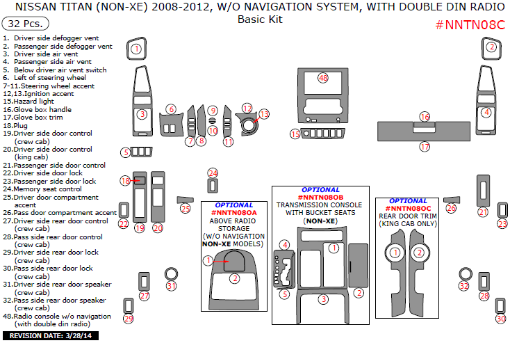 Nissan Titan 2008, 2009, 2010, 2011, 2012, (Non-XE) Without Navigation System, With Double Din Radio, Basic Interior Kit, 32 Pcs. dash trim kits options