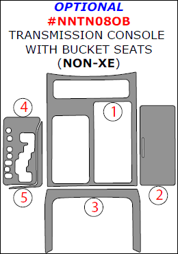 Nissan Titan 2008, 2009, 2010, 2011, 2012, Interior Dash Kit, Optional Transmission Console With Bucket Seats (Non-XE), 5 Pcs. dash trim kits options