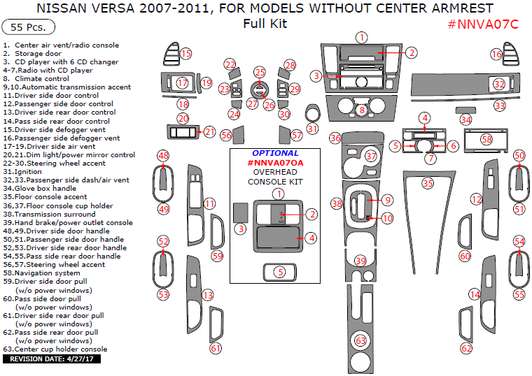 Nissan Versa 2007, 2008, 2009, 2010, 2011, For Models Without Center Armrest, Full Interior Kit, 55 Pcs. dash trim kits options