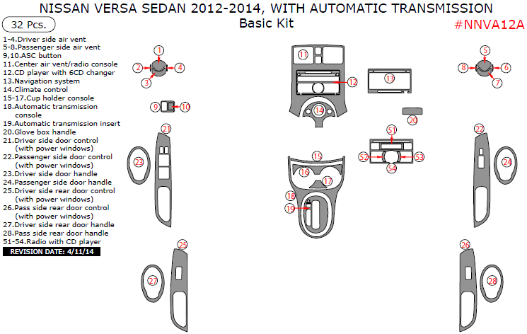Nissan Versa 2012, 2013, 2014, With Automatic Transmission, Basic Interior Kit, 32 Pcs. dash trim kits options