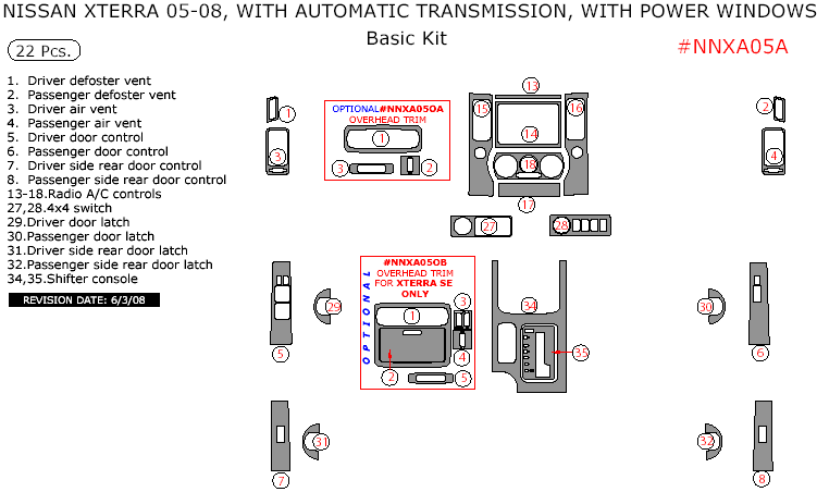 Nissan Xterra 2005, 2006, 2007, 2008, Automatic, With Power Windows, Basic Interior Kit, 22 Pcs. dash trim kits options