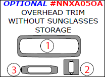 Nissan Xterra 2005, 2006, 2007, 2008, 2009, 2010, 2011, 2012, 2013, 2014, 2015, Interior Dash Kit, Optional Overhead Trim W/o Sunglasses Storage, 3 Pcs. dash trim kits options