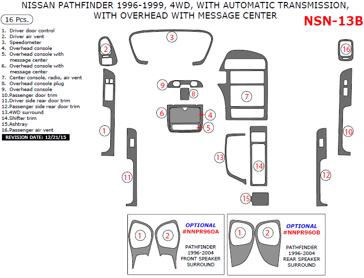 Nissan Pathfinder 1996, 1997, 1998, 1999, Interior Dash Kit, 4WD, With Automatic Transmission, With Overhead With Message Center, 16 Pcs. dash trim kits options