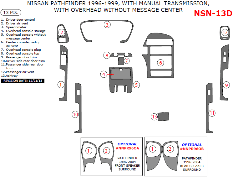 Nissan Pathfinder 1996, 1997, 1998, 1999, Interior Dash Kit, With Manual Transmission, With Overhead Without Message Center, 13 Pcs. dash trim kits options