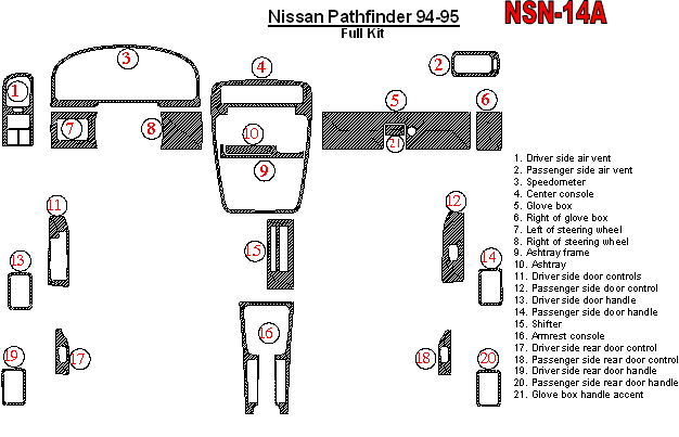 Nissan Pathfinder 1994-1995, Full Interior Kit, 21 Pcs dash trim kits options
