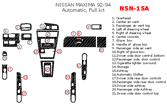 Nissan Maxima 1992, 1993, 1994, Automatic, Full Interior Kit, 21 Pcs. dash trim kits options