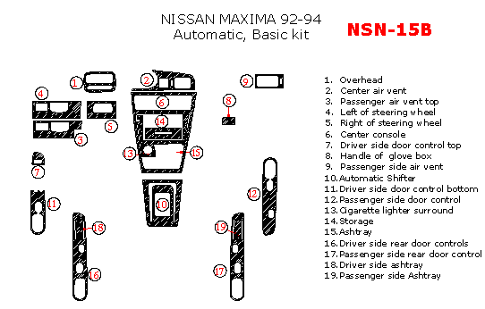 Nissan Maxima 1992, 1993, 1994, Automatic, Basic Interior Kit, 19 Pcs. dash trim kits options