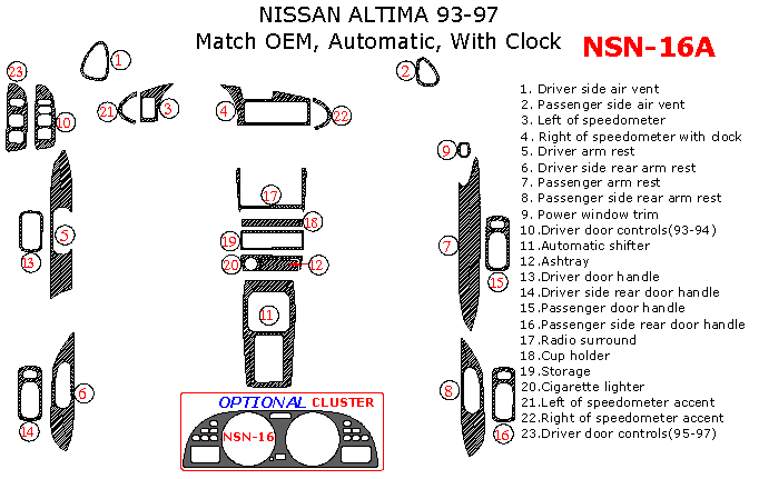 Nissan Altima 1993, 1994, 1995, 1996, 1997, Interior Dash Kit, Automatic, With Clock, 23 Pcs., Match OEM dash trim kits options