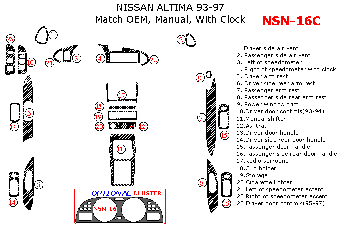 Nissan Altima 1993, 1994, 1995, 1996, 1997, Interior Dash Kit, Manual, With Clock, 23 Pcs., Match OEM dash trim kits options