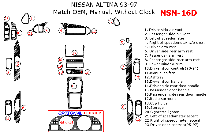 Nissan Altima 1993, 1994, 1995, 1996, 1997, Interior Dash Kit, Manual, Without Clock, 23 Pcs., Match OEM dash trim kits options