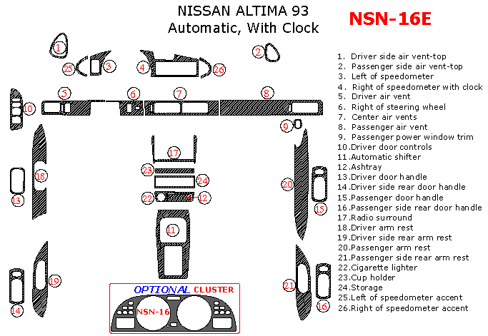 Nissan Altima 1993, Full Interior Kit, Automatic, With Clock, 26 Pcs. dash trim kits options