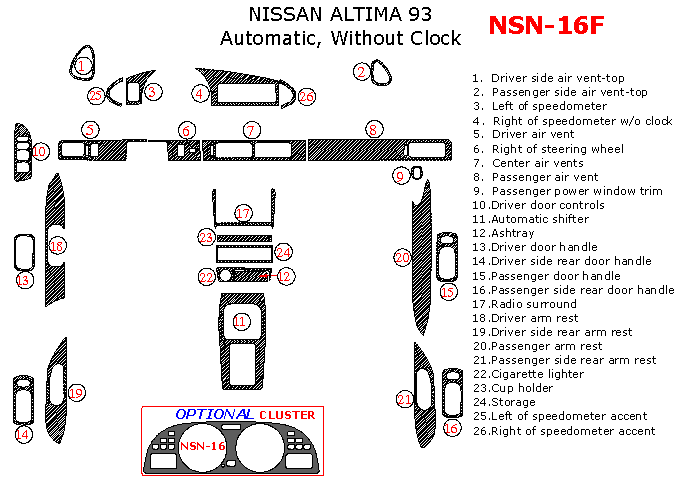 Nissan Altima 1993, Full Interior Kit, Automatic, Without Clock, 26 Pcs. dash trim kits options
